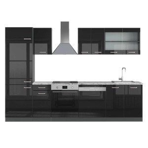 Vicco R-Line Küchenzeile, 300 cm, Schwarz Hochglanz/Anthrazit, Arbeitsplatte in Marmoroptik.