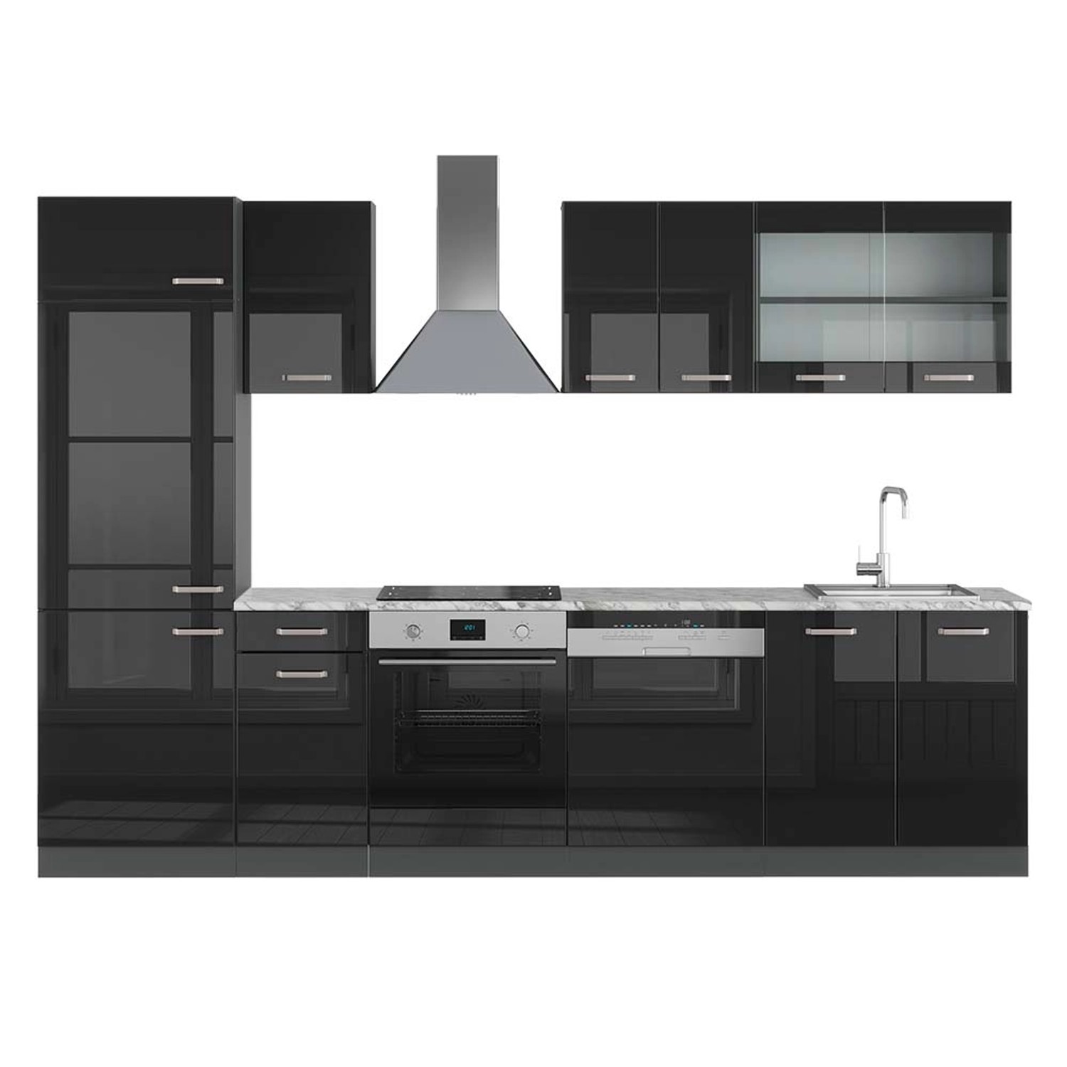 Vicco R-Line Küchenzeile Schwarz Hochglanz/Anthrazit 300 cm AP Marmor günstig online kaufen