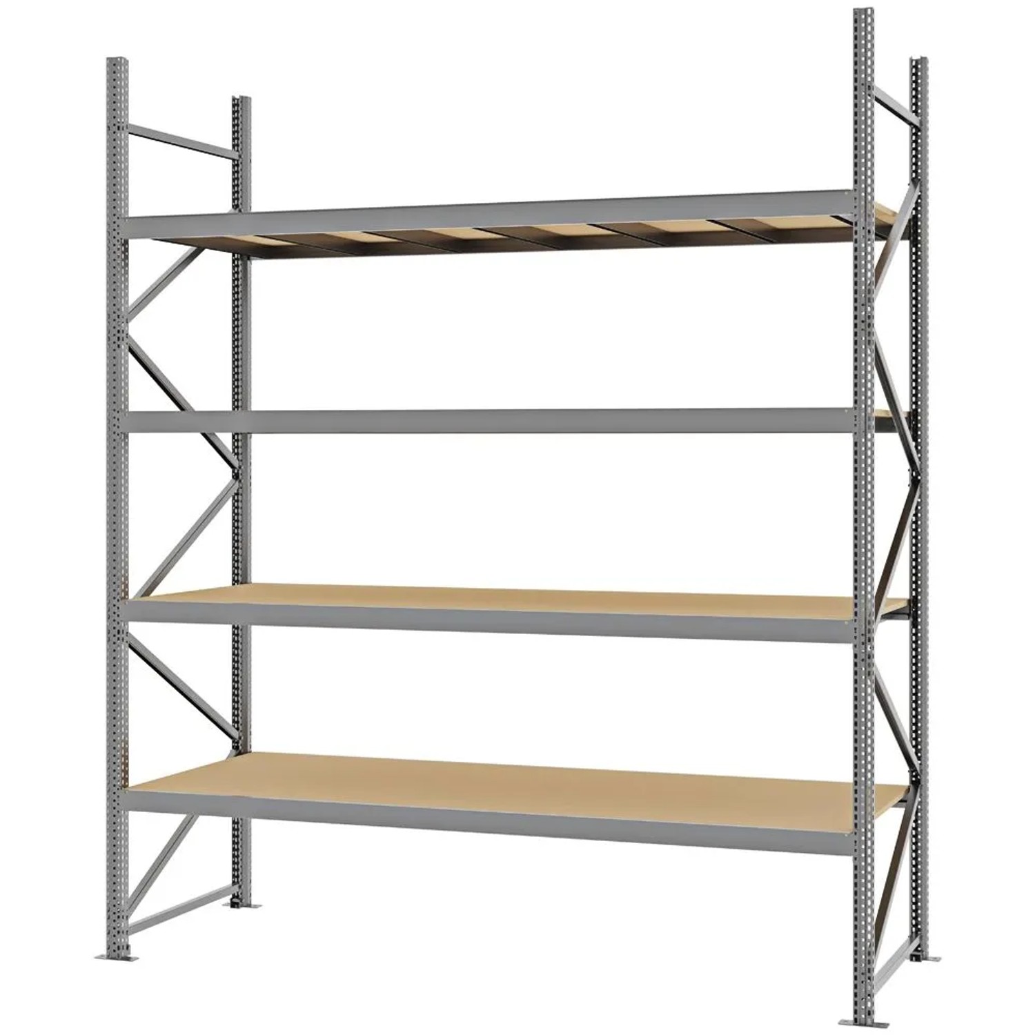 PROREGAL Weitspannregal Schraub-Stecksystem MAGNUS PRO Made In Germany Grundregal 300x250x80cm 4 Ebenen Spanplattenböden Fachlast 430kg Verzinkt