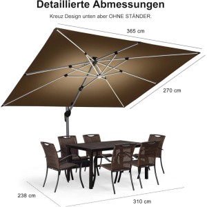 Beiger rechteckiger PURPLE LEAF Ampelschirm (270x365 cm) mit Alu-Gestell und Solar-LED über einer Gartensitzgruppe.