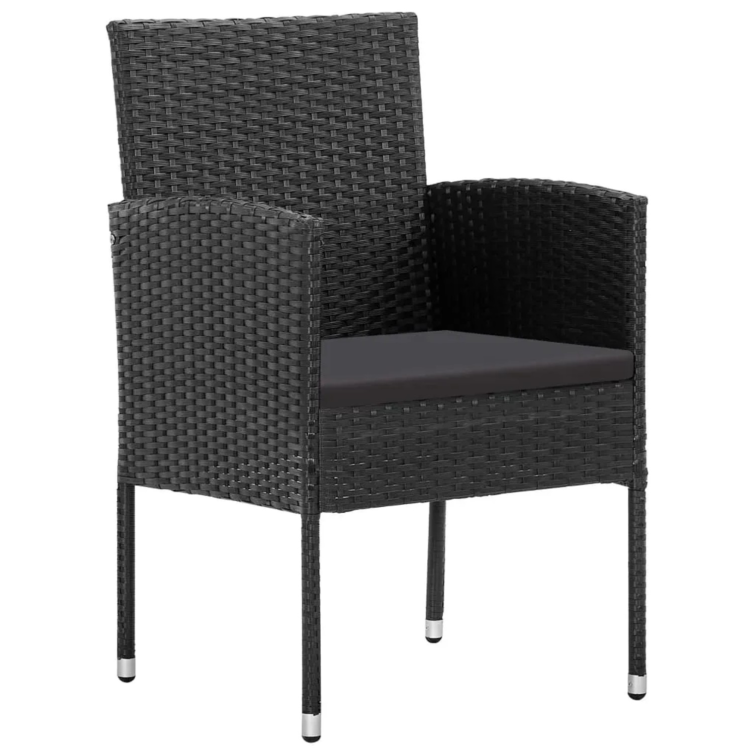 Schwarzer Gartenstuhl aus Rattan und Stahl mit Sitzkissen, Teil der 5-tlg. vidaXL Essgruppe.