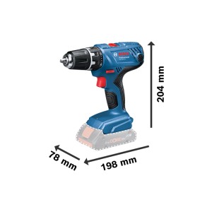 Blauer Bosch Professional Akku-Bohrschrauber GSR 18V-21 mit 13 mm Bohrfutter und Maßen 204x198x78 mm.