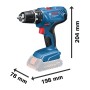 Blauer Bosch Professional Akku-Bohrschrauber GSR 18V-21 mit 13 mm Bohrfutter und Maßen 204x198x78 mm.