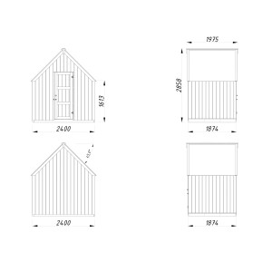 Skizze Palmako Geräteraum Emilia 4 m² Grau: Maße und Ansichten des Holz-Gartenhauses.
