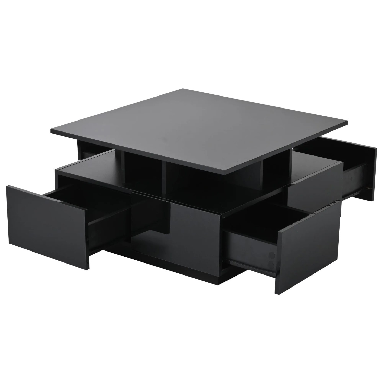 Merax Hochglanz Couchtisch mit LED 4 Schubladen Sofatisch Schwarz 70x70x40 cm