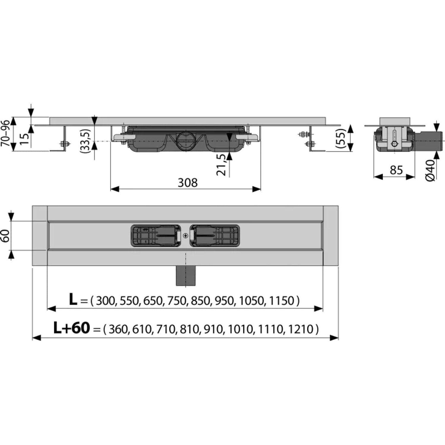 AlcaDrain Duschrinne APZ101 low, waagerechter Ablauf, 650 mm_2