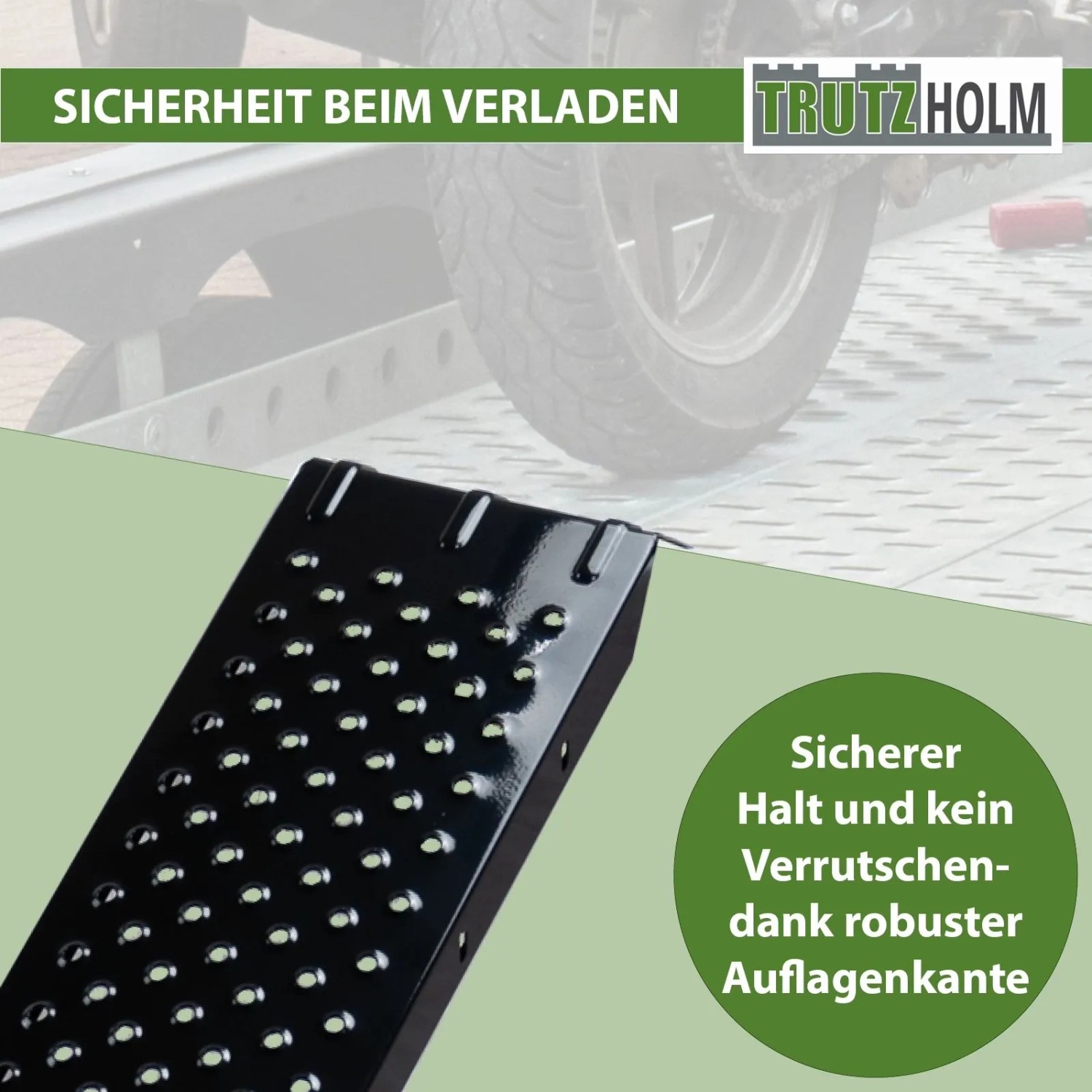 Schwarze TRUTZHOLM Stahl Auffahrrampe mit rutschfester Oberfläche und robuster Auflagenkante zum sicheren Verladen.