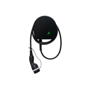 Schwarze Alphatec Wallbox Mini mit Kabel und RFID für Elektroautos.
