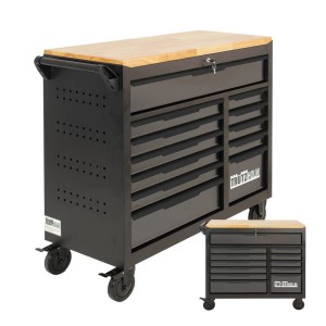 TRUTZHOLM Werkstattwagen Star XL, unbestückt, mit 12 Schubladen, Stahl, schwarz-grau, mit Holzplatte.