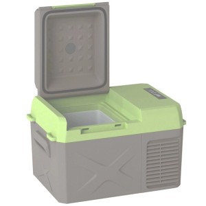Grau-grüne Outsunny Kühlbox aus HDPE Kunststoff, Deckel offen, zeigt Innenraum. Tragbare Auto-Kühlbox für Camping.