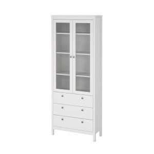 Weißer Vitrinenschrank Madrid mit 2 Glastüren und 3 Schubladen.