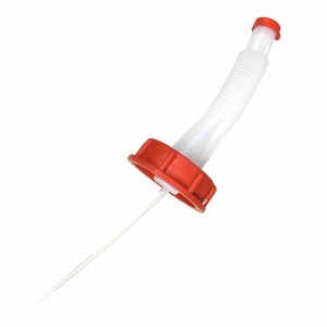 Flexibler Ausgießer für 20l Kanister, rot-weißer Kunststoff mit Verschlusskappe.