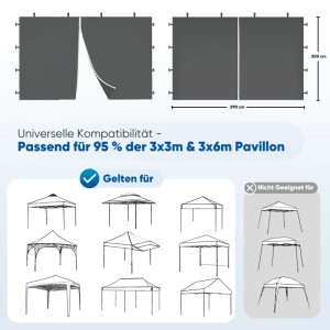 Graue Pavillonseitenteile 2er Set mit Reißverschluss, 290x200 cm. Kompatibel mit 3x3m & 3x6m Pavillons.