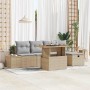 Beiges 6-teiliges vidaXL Garten-Sofa-Set aus Poly Rattan mit höhenverstellbarem Tisch.