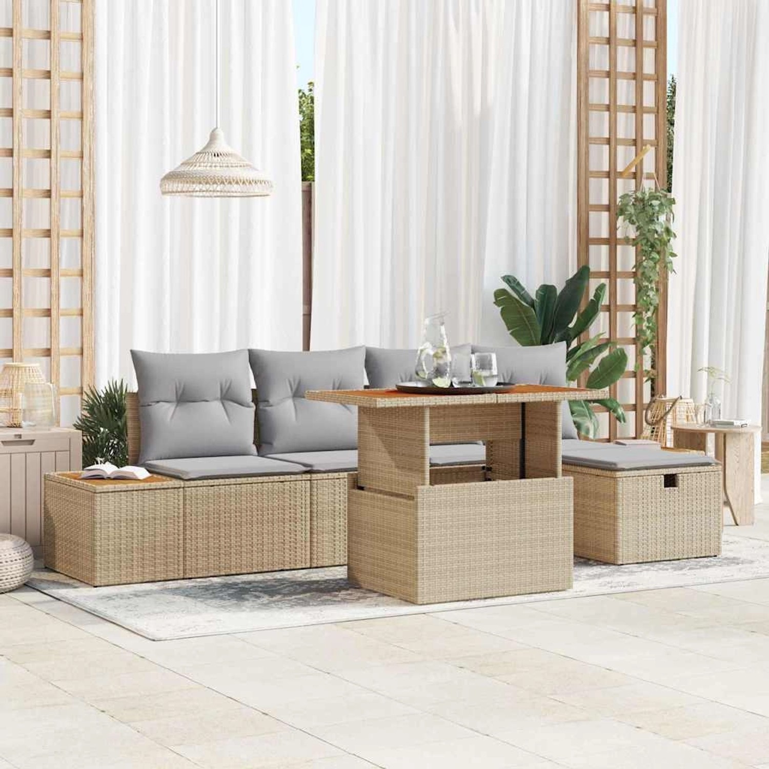 Beiges 6-teiliges vidaXL Garten-Sofa-Set aus Poly Rattan mit höhenverstellbarem Tisch.