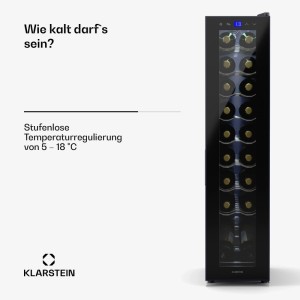 Klarstein Shiraz 18 Slim Uno Weinkühlschrank mit 18 Flaschen Fassungsvermögen und Glastür.