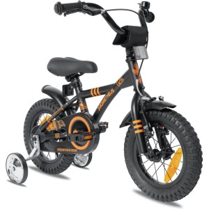 Schwarzes 12 Zoll PROMETHEUS Kinderfahrrad mit Stützrädern und Rücktrittbremse für Kinder ab 3 Jahren.