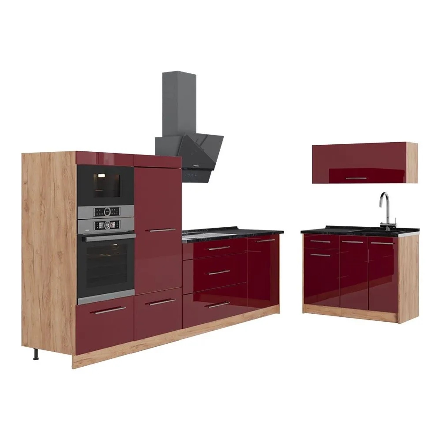 Vicco Küchenzeile Fame-Line Bordeaux Hochglanz/Goldkraft Eiche 380 x 154 AP Anthrazit Art Nr 64104