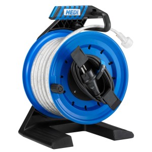 HEDI LED-Lichtband-Trommel aus blauem Vollkunststoff mit 15m LED-Flex und stabilem Standfuß.