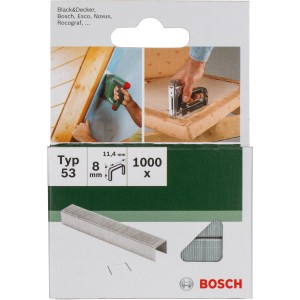 Bosch Feindrahtklammern Typ 53, 8 mm, 1000 Stück, geeignet für Stoffe und Teppiche.