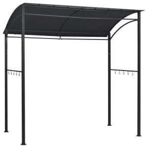 Anthrazitfarbener BBQ-Pavillon (215x150x220 cm) aus Stahl mit Stoffdach und Haken für Grillzubehör.
