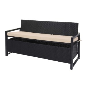 Anthrazitfarbene Poly-Rattan Gartenbank mit beigen Sitzkissen und Staufach.