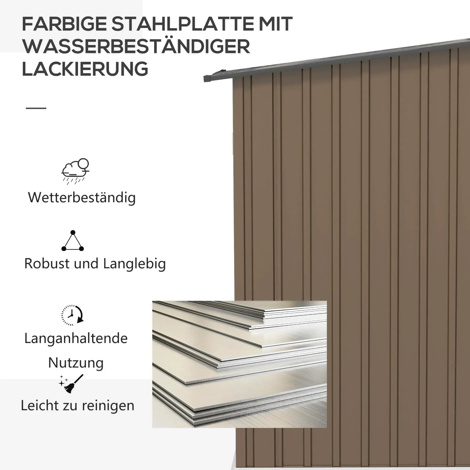 Detailansicht: Outsunny Gerätehaus aus Stahl, braunes Pultdach, wetterfest und langlebig.
