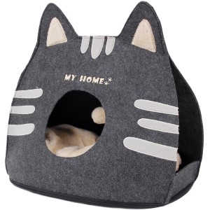 Anthrazitfarbenes Katzenhaus in Katzenform mit Kissen und Spielball.