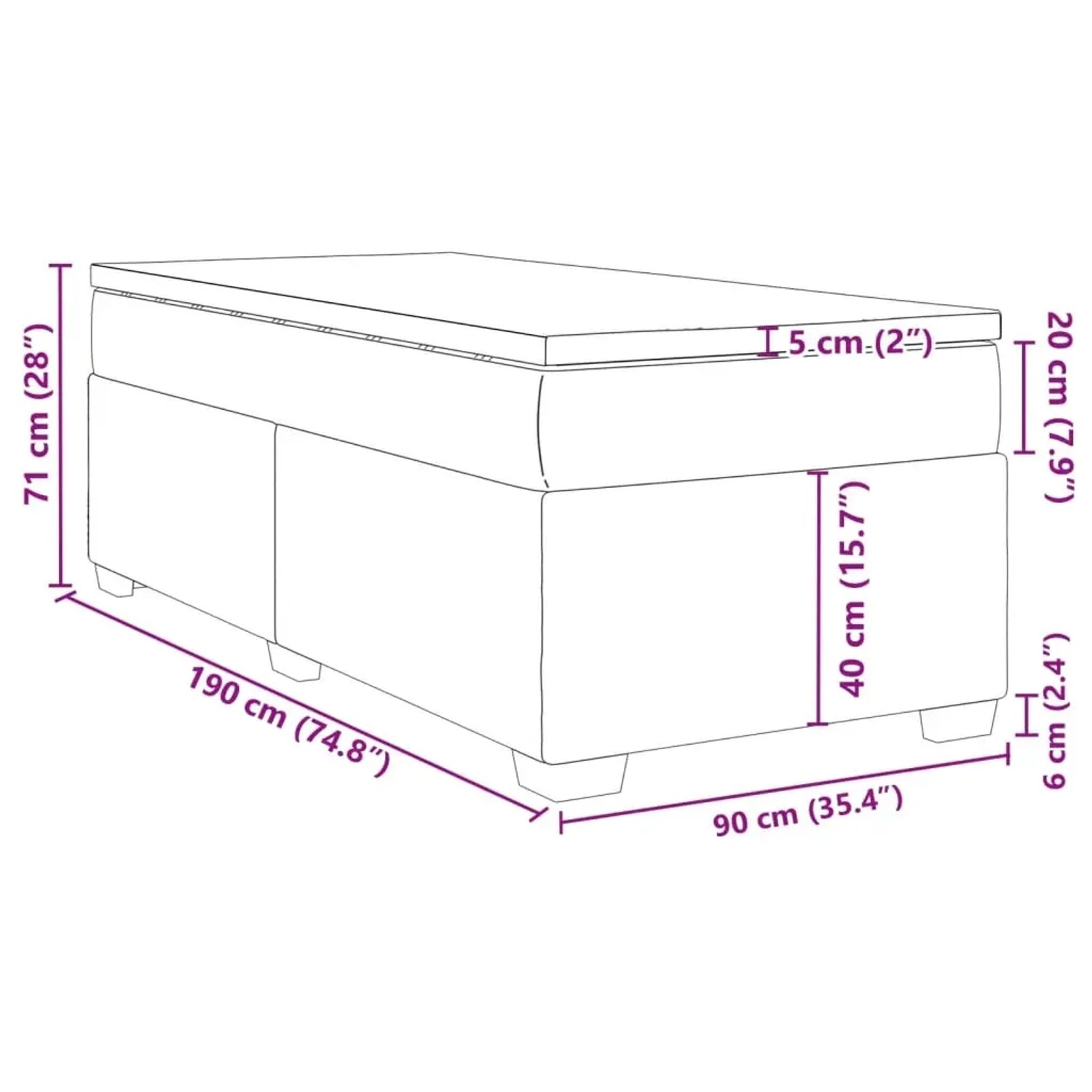 Skizze Boxspringbett vidaXL, dunkelgrau, 90x190 cm, mit Matratze und Maßangaben.