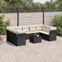 Schwarze 10-tlg. vidaXL Garten-Sofagarnitur aus Poly Rattan mit cremeweißen Kissen und Tisch.