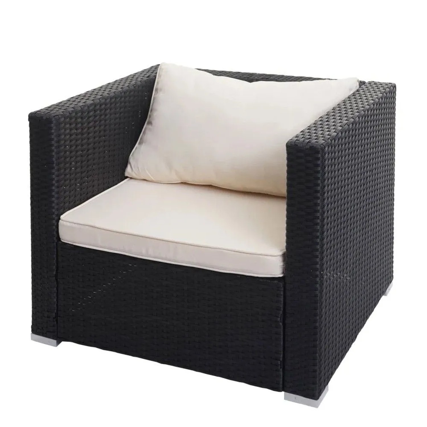 Schwarzer Poly-Rattan Sessel mit cremefarbenen Kissen, ein Modul der Gartenmöbel-Garnitur.