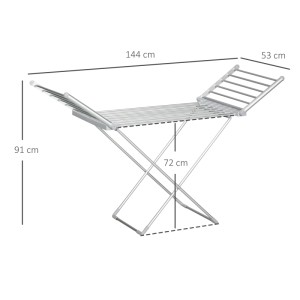 Silberner, elektrischer Wäscheständer aus Aluminium mit ausklappbaren Flügeln und Maßangaben.