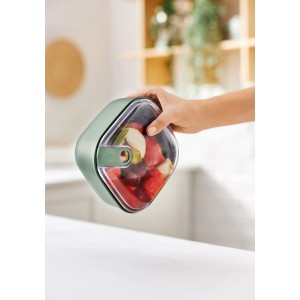 Grüne Rotho Frischhaltedose Ela 0,425 l mit Obst gefüllt in der Hand.