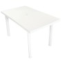 Weißer vidaXL Gartentisch (126x76x72 cm) aus Kunststoff mit Schirmloch.