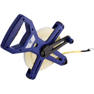 LUX Rahmenbandmaß Comfort 50m: Blaues Gehäuse mit Glasfibermaßband und Kurbel.