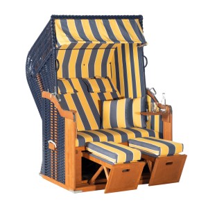 Gelb-blauer Gartenstrandkorb Rustikal 250 Plus aus Kunststoffgeflecht mit verstellbaren Fußstützen.