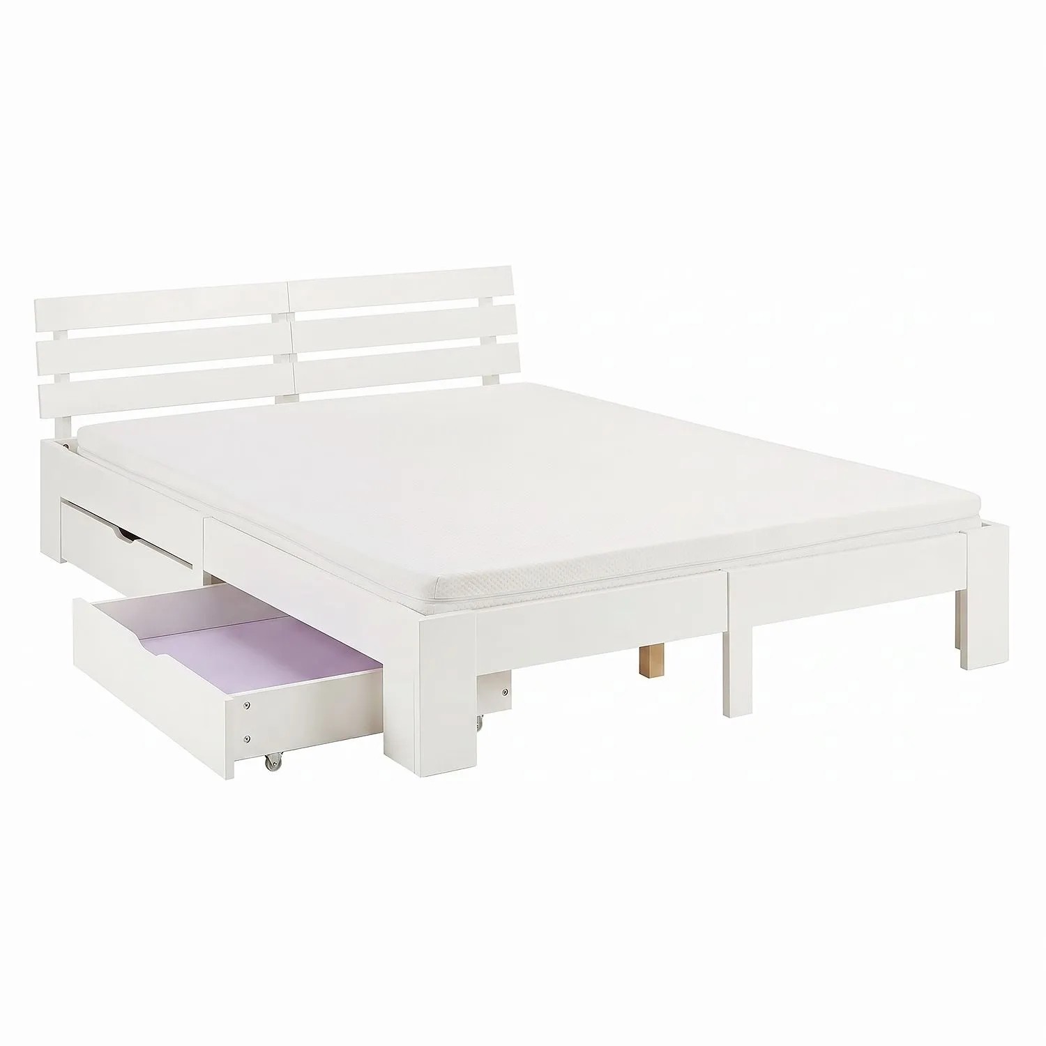 Homestyle4u Holzbett 140x200 mit Matratze und 2 Bettkästen in Weiß 3215