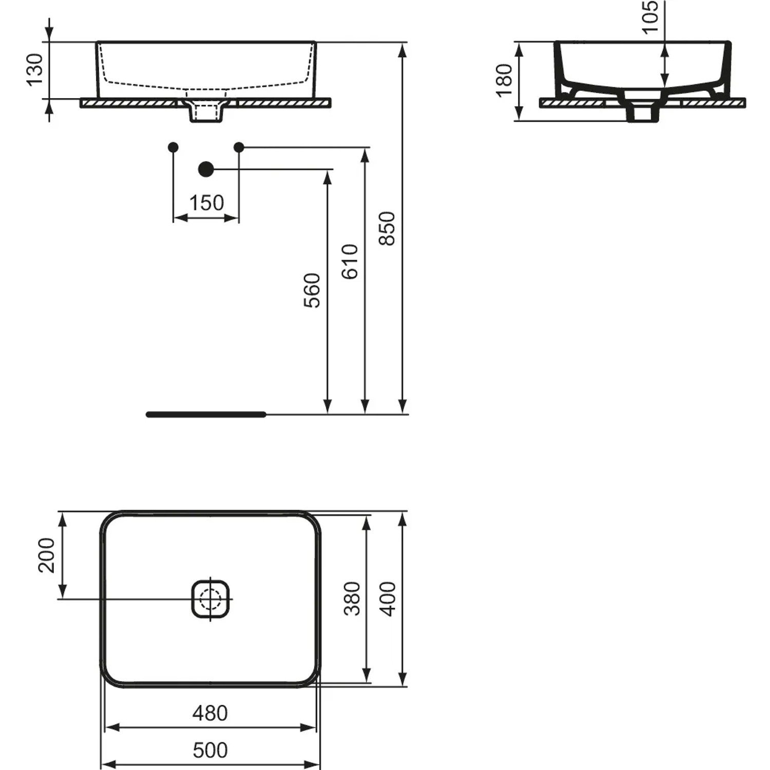 Technische Zeichnung: Ideal Standard Strada II Aufsatzwaschtisch, 50x40 cm, ohne Hahnloch und Überlauf.