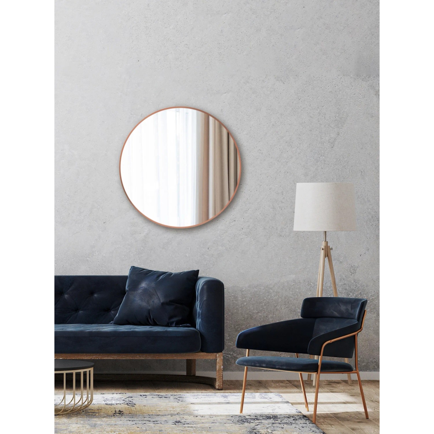 Runder DSK Design Wandspiegel Silver Coiffeur Ø 80 cm mit kupferfarbenem Rahmen.