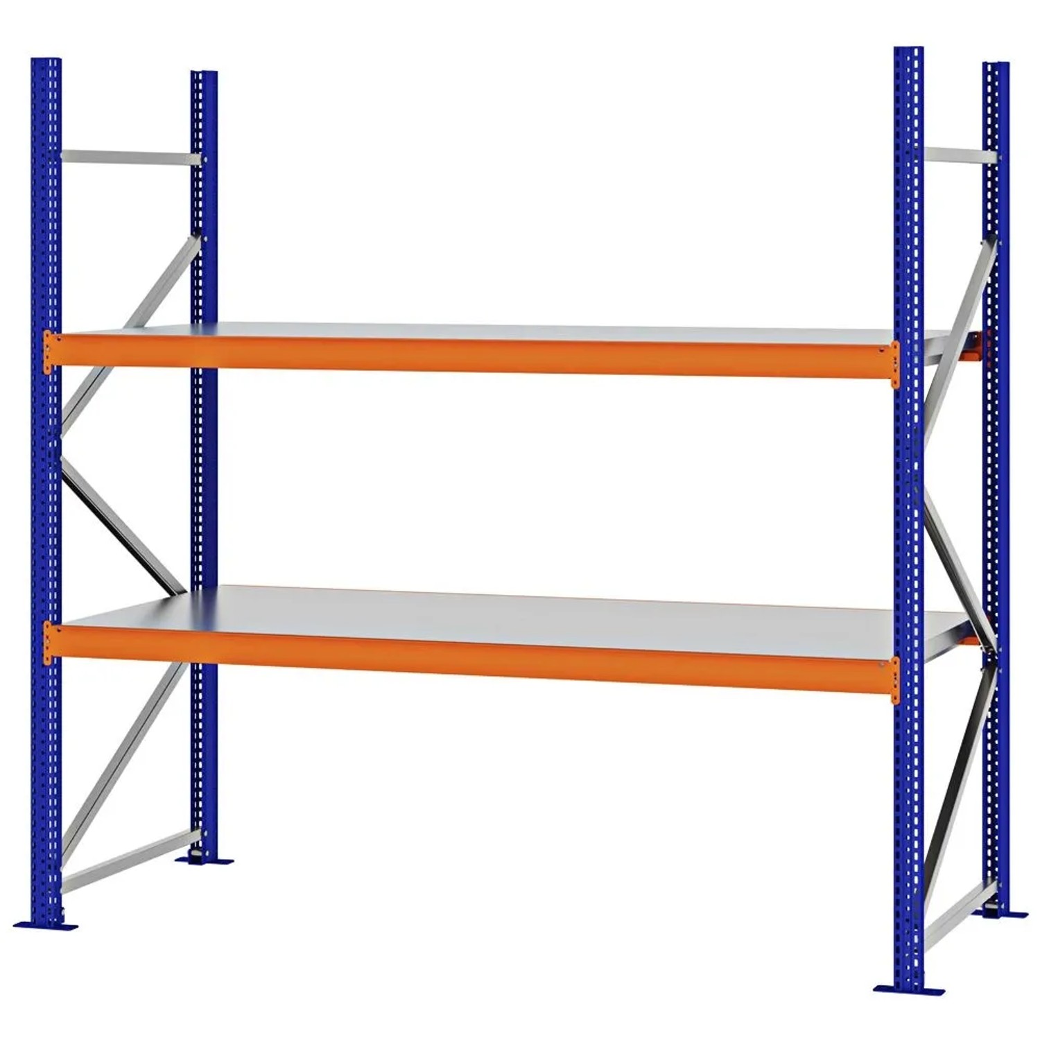 PROREGAL Weitspannregal Schraub-Stecksystem MAGNUS PRO Made In Germany Grundregal 200x200x80cm 2 Ebenen Stahlböden Fachlast 600kg Blau/Orange