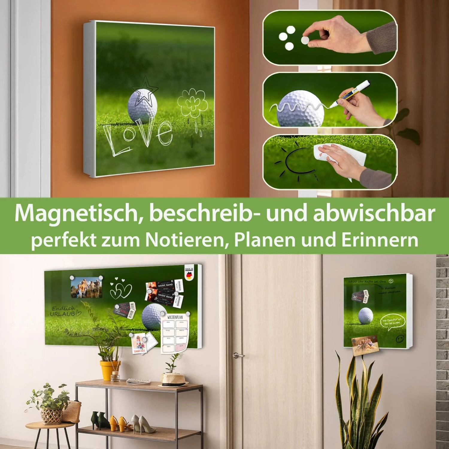 Banjado Großer Schlüsselkasten Metall 30x30cm Weiß Scharnier Rechts 50 Haken Beschreibbar Magnetisch Motiv Einsamer Golfball
