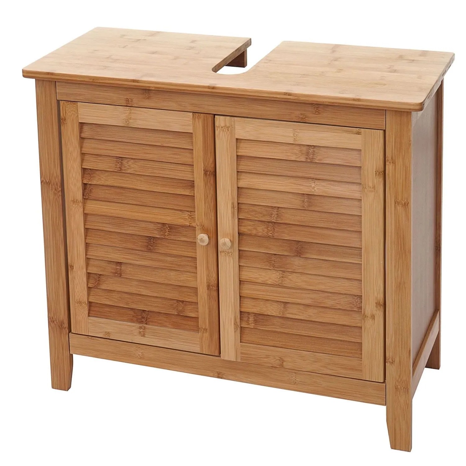 MCW Waschbeckenunterschrank aus Bambus mit zwei Lamellentüren und Siphon-Aussparung. Heller Holzton für Badmöbel.