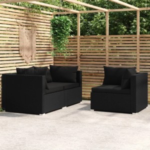 Schwarzes 3-tlg. Garten-Lounge-Set aus Rattan mit Kissen für Terrasse und Garten.
