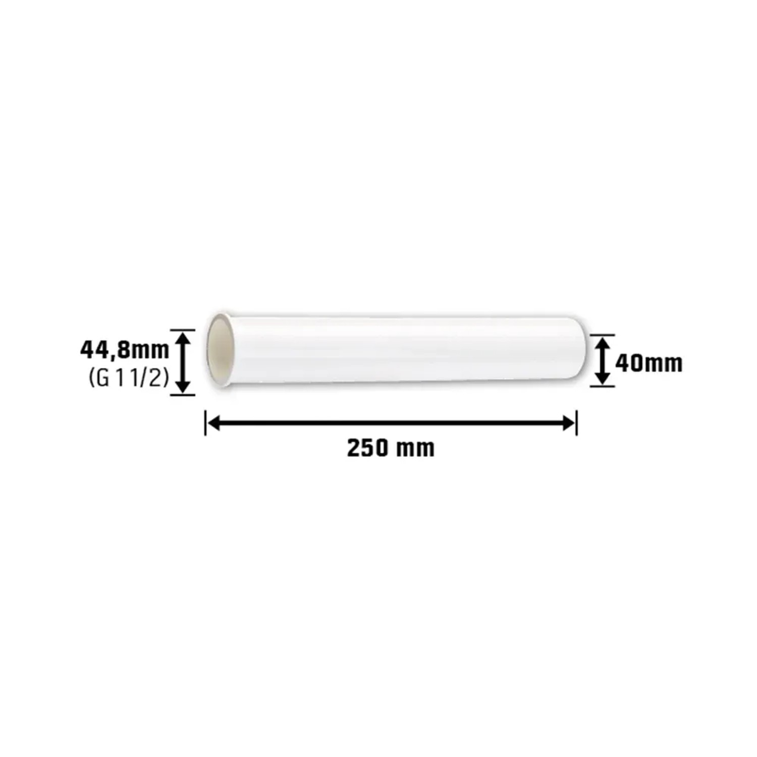 Weißes Siphon-Verstellrohr, Ø 40 mm x 44,8 mm (G 1 1/2), 250 mm lang, für Siphonverlängerung.