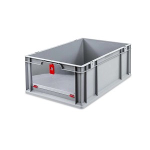Graue PROREGAL Eurobox NextGen mit rotem Verschluss, 44 Liter, für Lagerung und Transport.