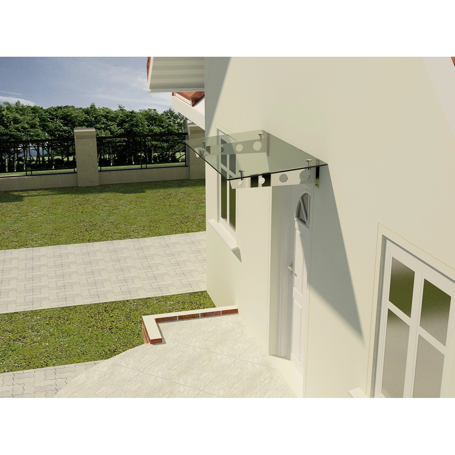 Modernes Glasvordach Modell Schwert Klarglas VS-Glas 200x90 cm am Haus montiert.