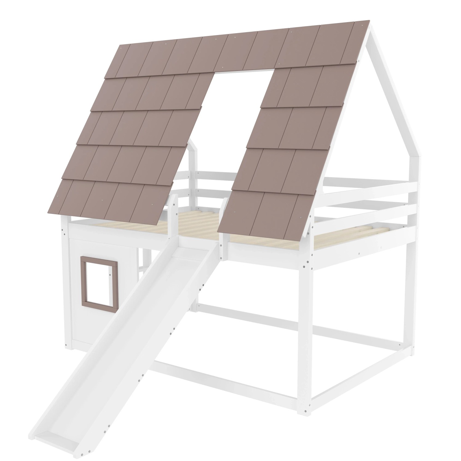 okwish Etagenbett 140x200cm mit Dach Leiter Rutsche Kinderzimmer Weiß Braun ohne Matratze