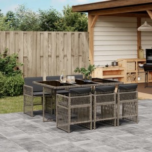 7-teilige Garten Essgruppe aus grauem Poly Rattan mit Tisch und Stühlen mit Kissen.