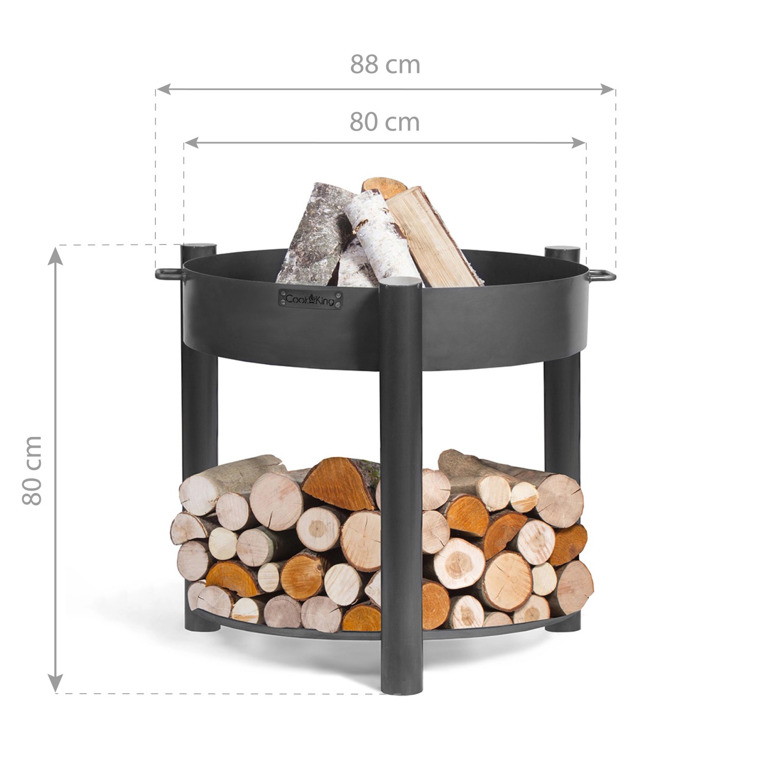 CookKing Feuerschale Montana Stahl, Ø 80cm, mit Holzlager. Robuste Feuerstelle für Garten und Terrasse.
