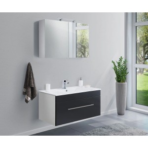 Posseik Badmöbel-Set Viva 100 cm, schwarz/weiß, mit Waschbecken, Unterschrank und Spiegelschrank.